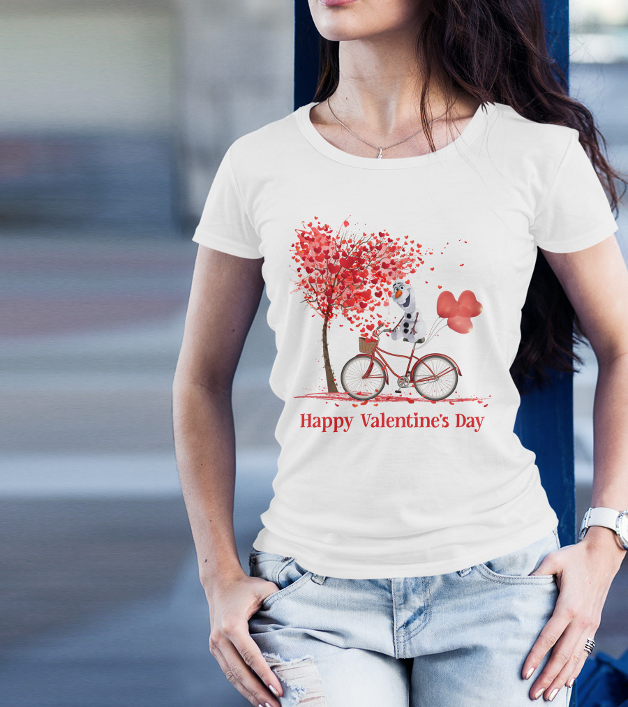 OL Valentine Happy Valentine's Day Olaf Bicycle Hearts Tree T-Shirt