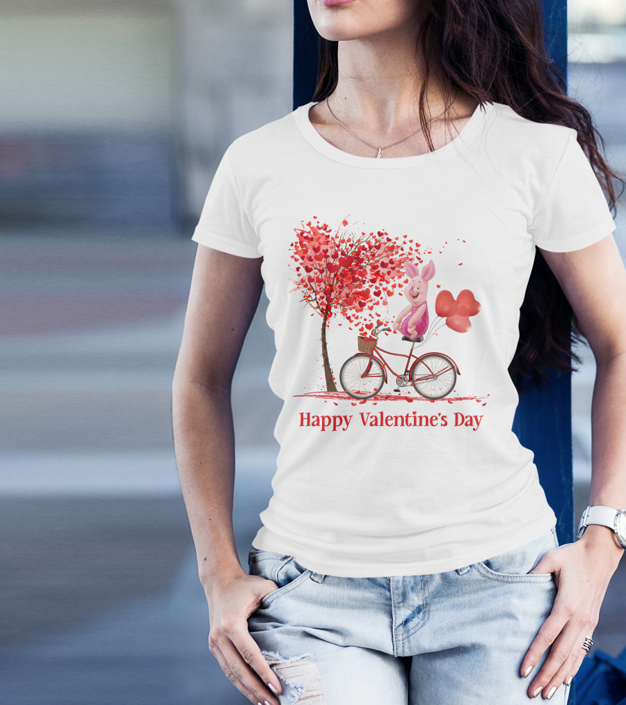 Happy Valentine's Day Piglet With Heart Balloons On Bicycle T-Shirt