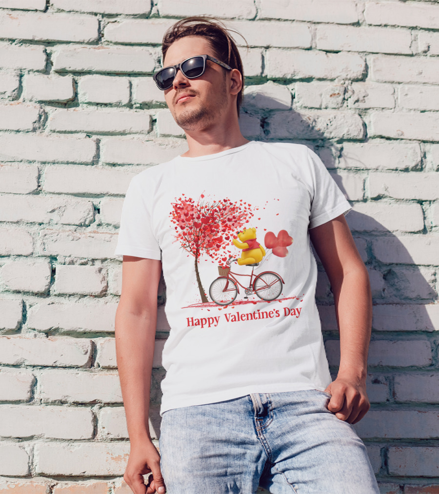 Happy Valentine's Day Bicycle Bear With Love Balloons And Heart Tree T-Shirt