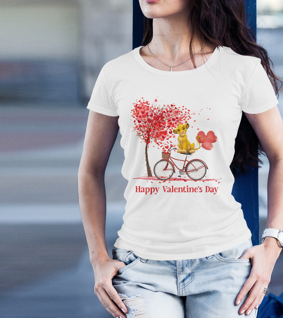 Happy Valentine's Day Cute Cartoon Character On Red Bicycle With Heart Balloons And Tree T-Shirt
