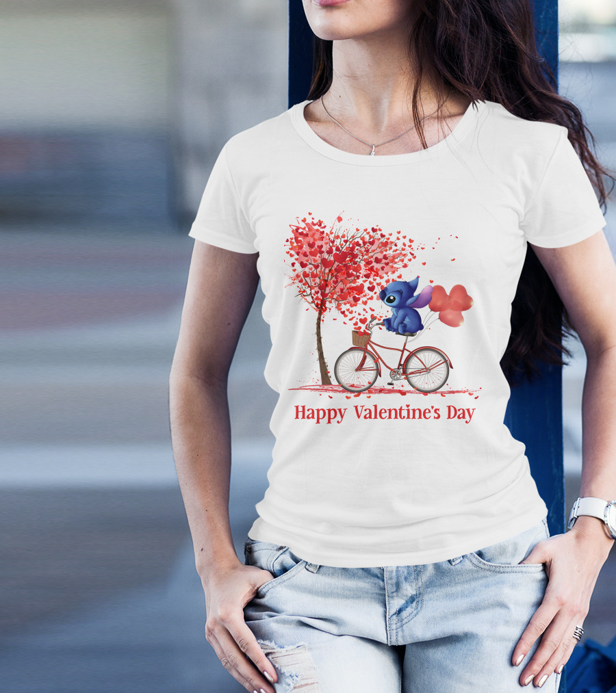 Happy Valentine's Day Stitch Bicycle Heart Balloons T-Shirt