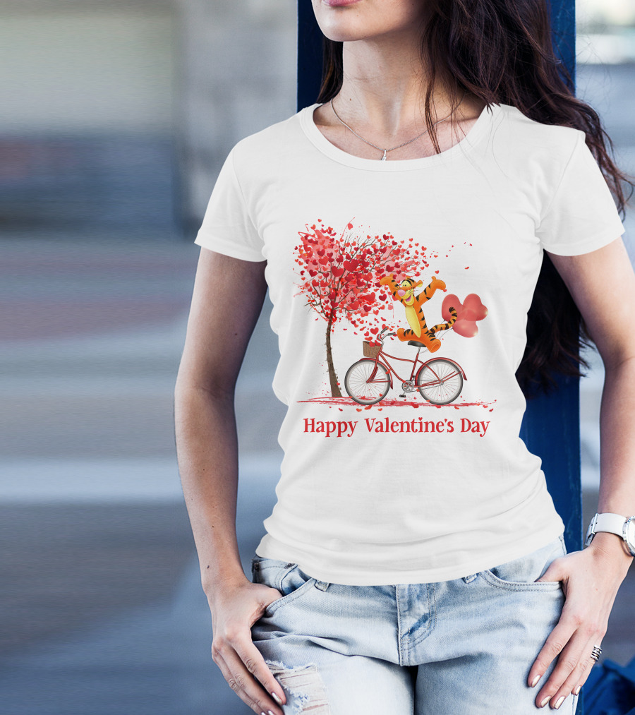 Happy Valentine's Day Tigger Riding Bicycle With Heart Balloon And Heart Tree T-Shirt