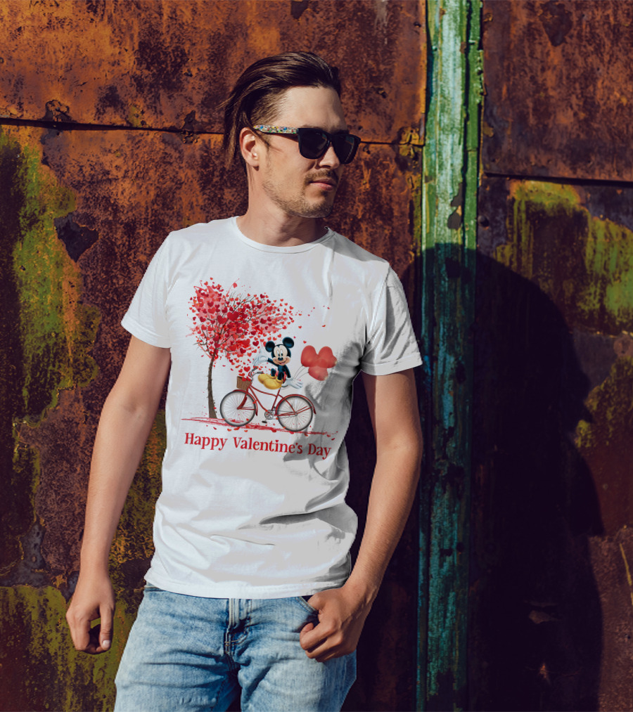 Happy Valentine's Day Mickey Mouse Hearts Bicycle Red Tree T-Shirt