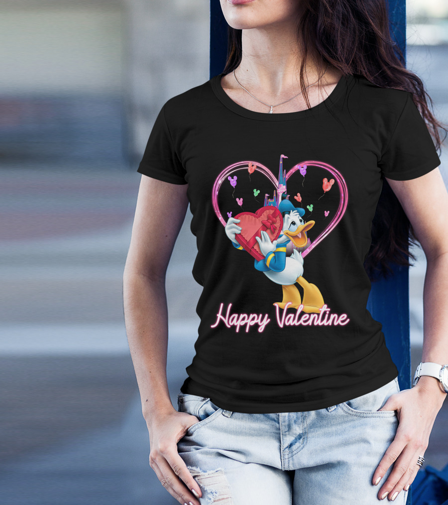 Donald Duck Happy Valentine Heart Balloons And Castle T-Shirt