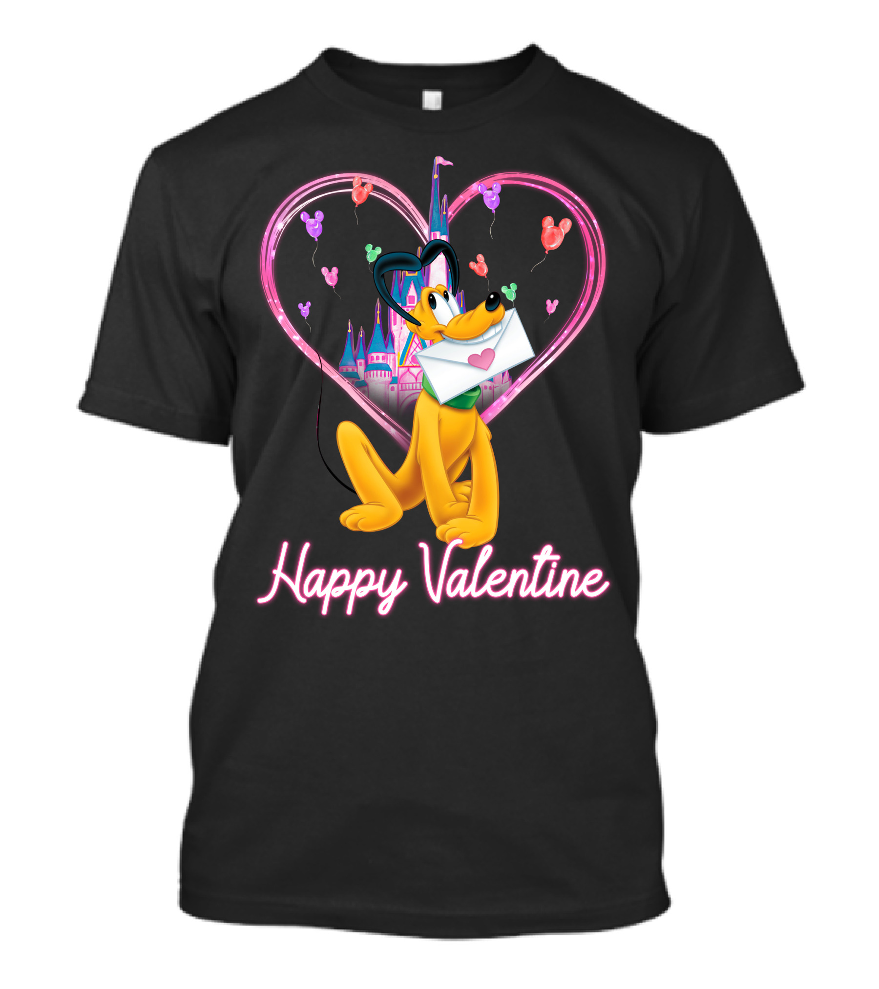 Happy Valentine Pluto Letter Heart Balloons Castle T-Shirt