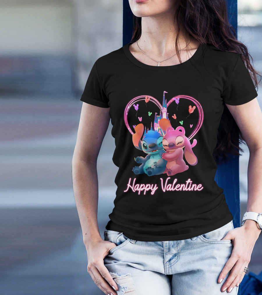 Happy Valentine Stitch Angel Castle Heart Balloons T-Shirt