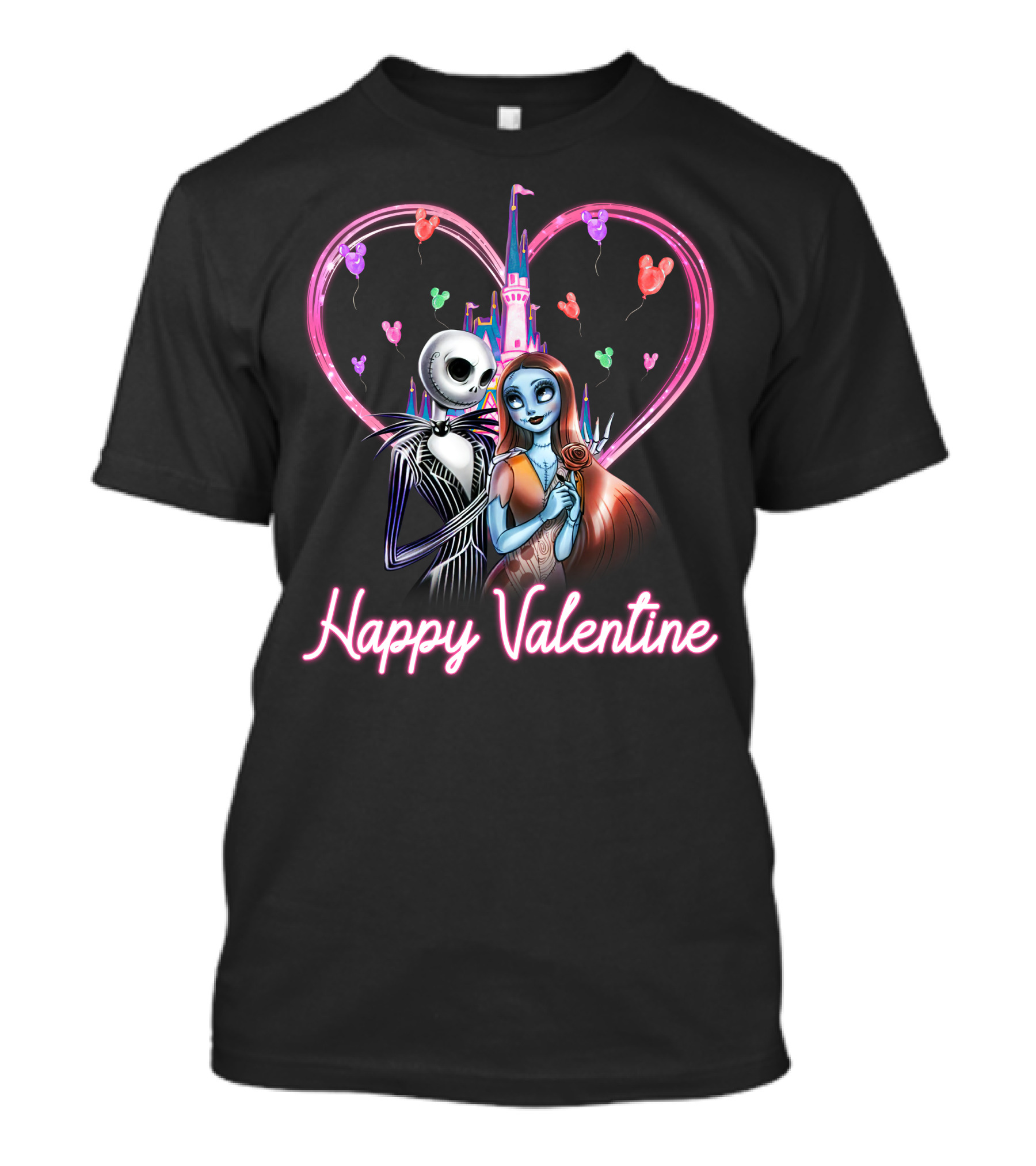 Happy Valentine Jack And Sally Disney Castle Heart Balloons T-Shirt