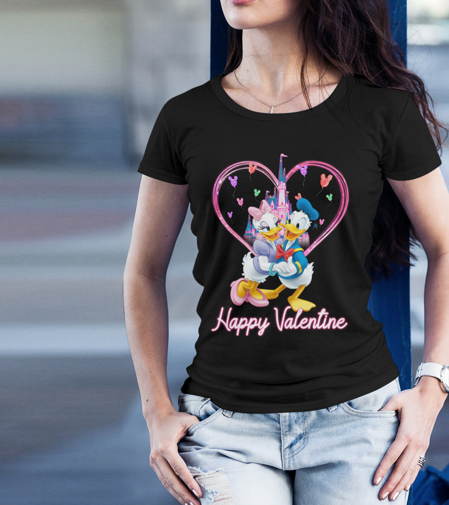 Happy Valentine Donald And Daisy In Front Of Heart Castle T-Shirt