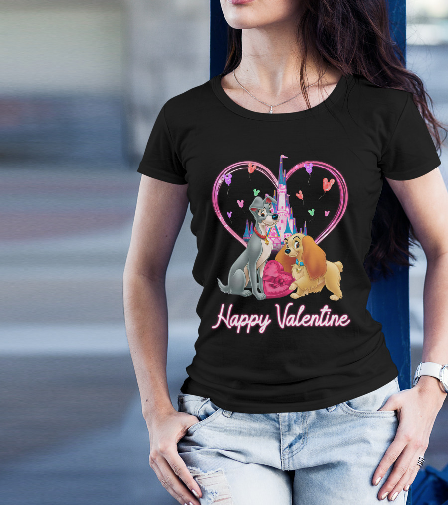 Happy Valentine Lady & The Tramp Heart Castle Balloons T-Shirt