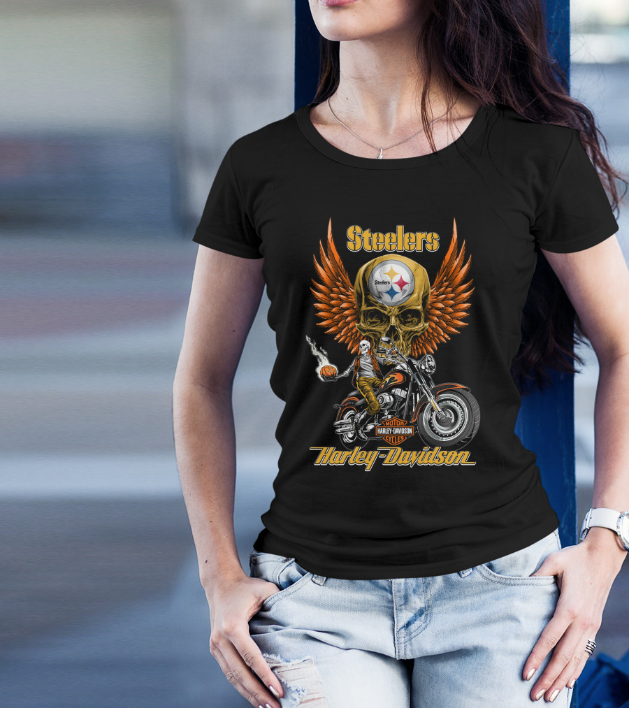Steelers Harley Davidson Motor Cycles Skull Wings Nfl Pittsburgh T-Shirt