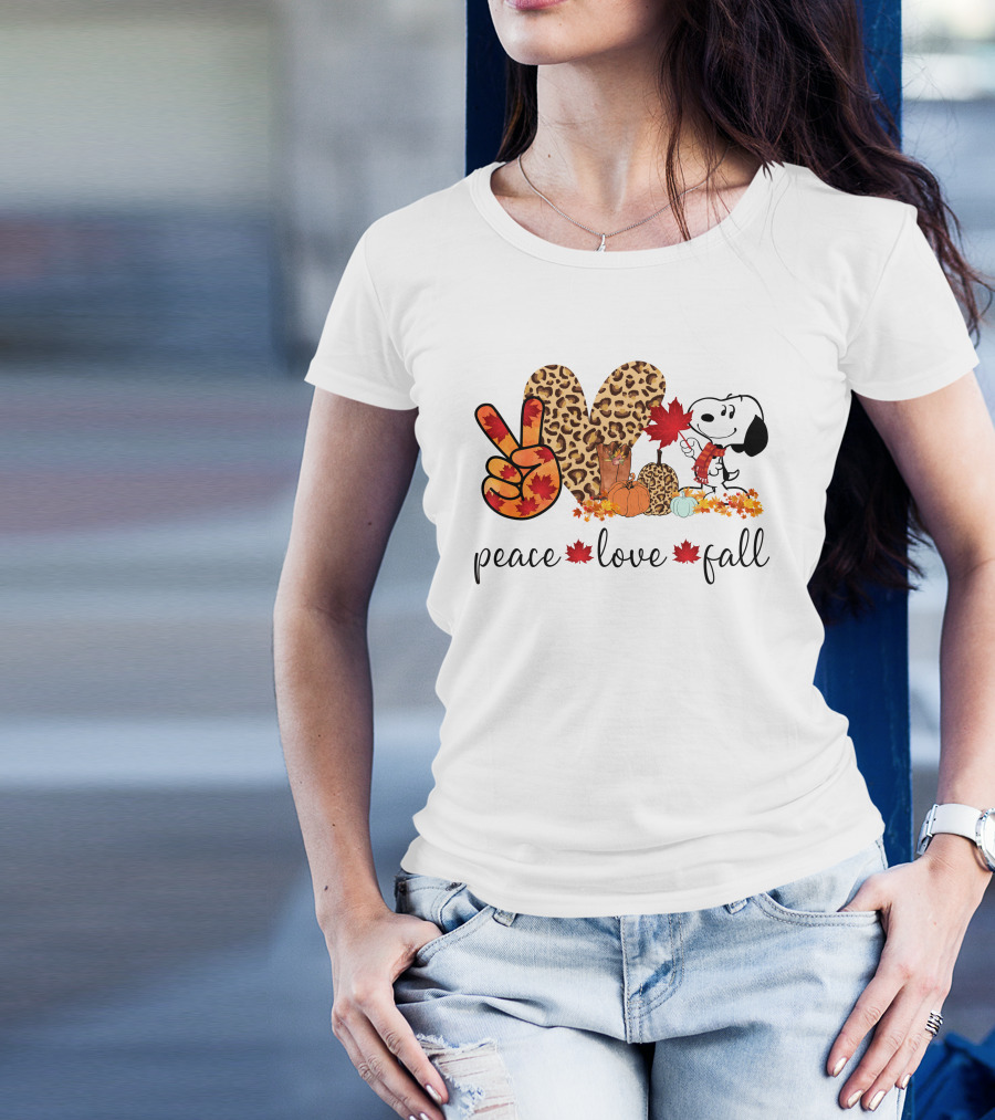 Peace Love Fall Snoopy Leopard Print Pumpkin Leaves T-Shirt