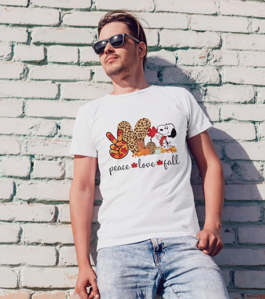 Peace Love Fall Snoopy Leopard Print Pumpkin Leaves T-Shirt