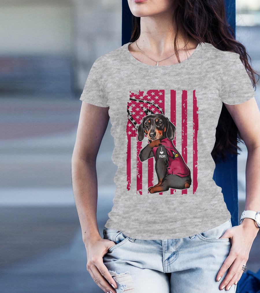 Arizona Cardinals Dachshund I Love Mom USA Flag T-Shirt