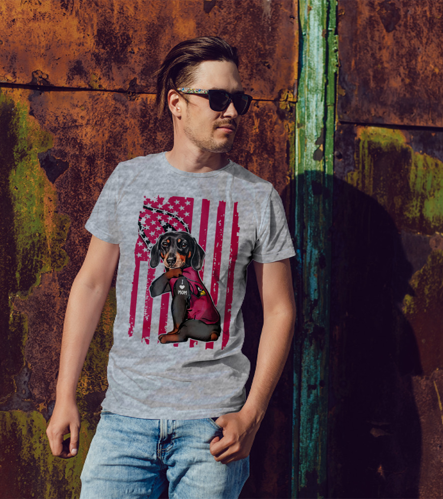 Arizona Cardinals Dachshund I Love Mom USA Flag T-Shirt