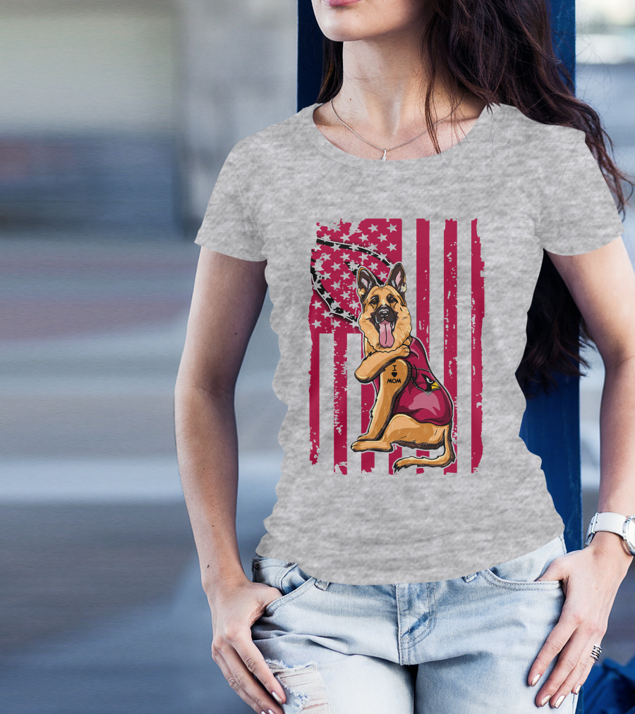 German Shepherd Wearing Arizona Cardinals Jersey With American Flag Background T-Shirt