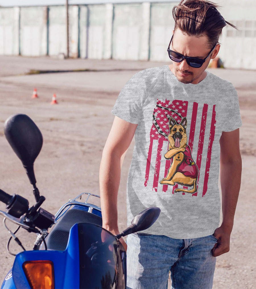 German Shepherd Wearing Arizona Cardinals Jersey With American Flag Background T-Shirt