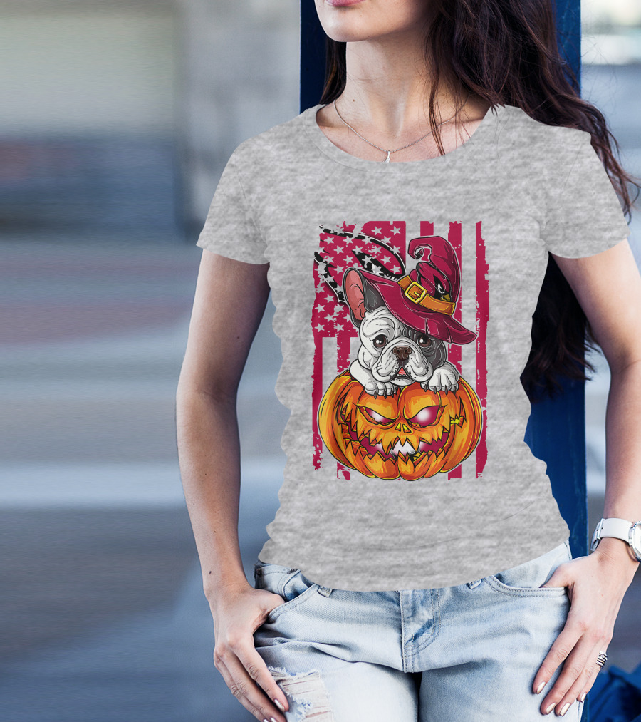 Hlw Bulldog Witch Hat Pumpkin Stars Stripes T-Shirt