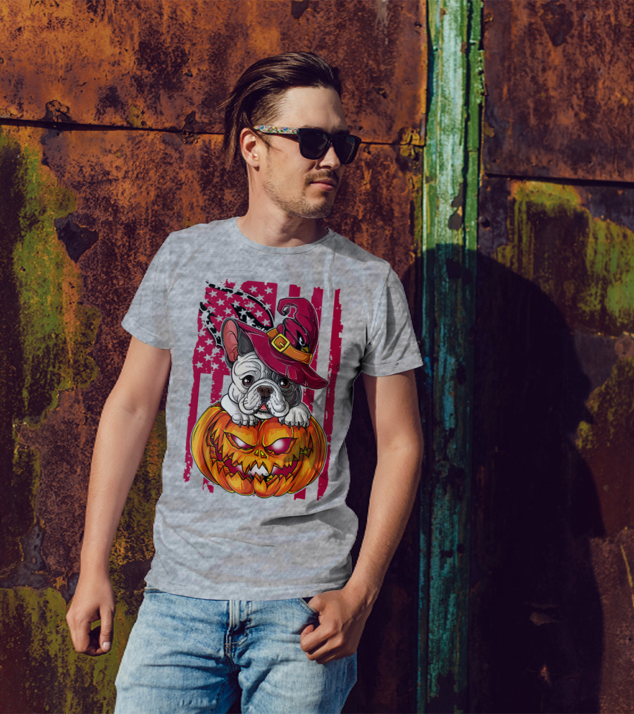 Hlw Bulldog Witch Hat Pumpkin Stars Stripes T-Shirt