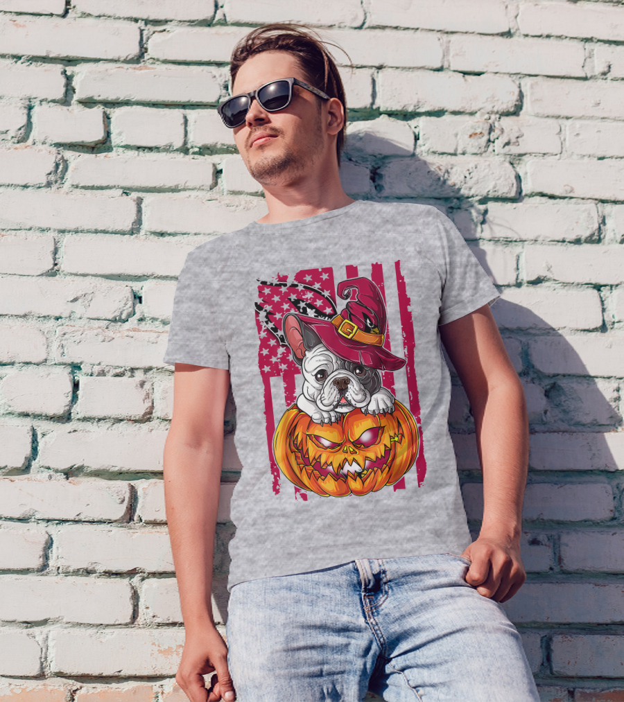 Hlw Bulldog Witch Hat Pumpkin Stars Stripes T-Shirt