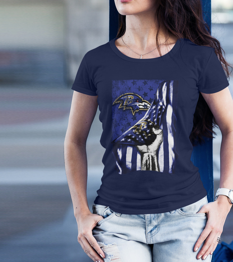 Fist Holding American Flag With Baltimore Ravens Logo And Stars T-Shirt
