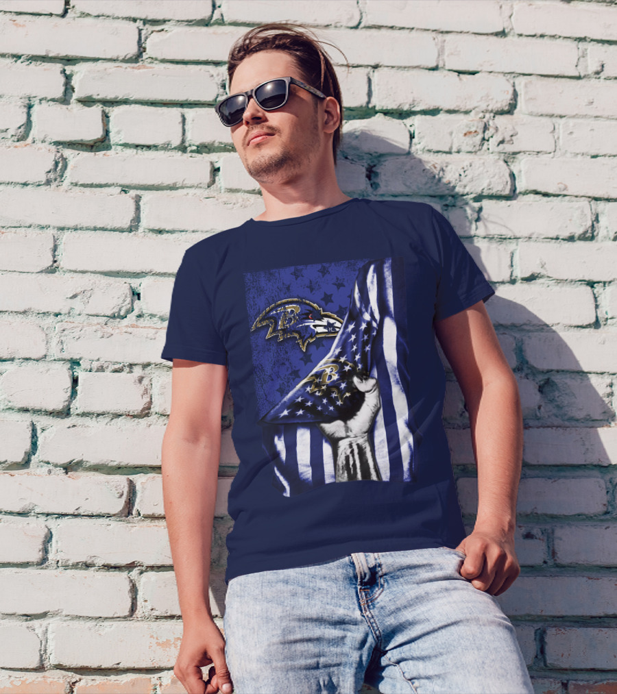 Fist Holding American Flag With Baltimore Ravens Logo And Stars T-Shirt