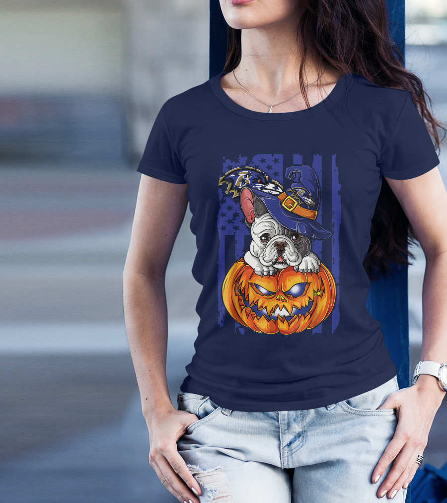 Bulldog In Wizard Hat On Jack-o'-Lantern With Baltimore Ravens T-Shirt