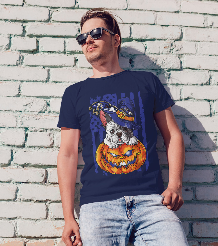 Bulldog In Wizard Hat On Jack-o'-Lantern With Baltimore Ravens T-Shirt