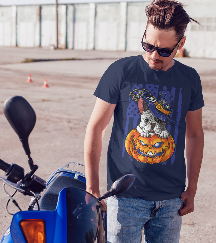 Bulldog In Wizard Hat On Jack-o'-Lantern With Baltimore Ravens T-Shirt