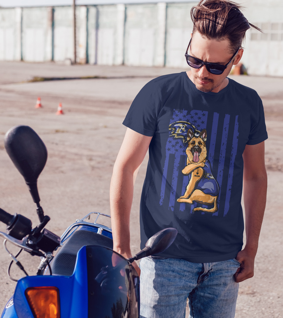 German Shepherd Illustrated With Baltimore Ravens NFL Symbol And I Love Mom Tattoo T-Shirt