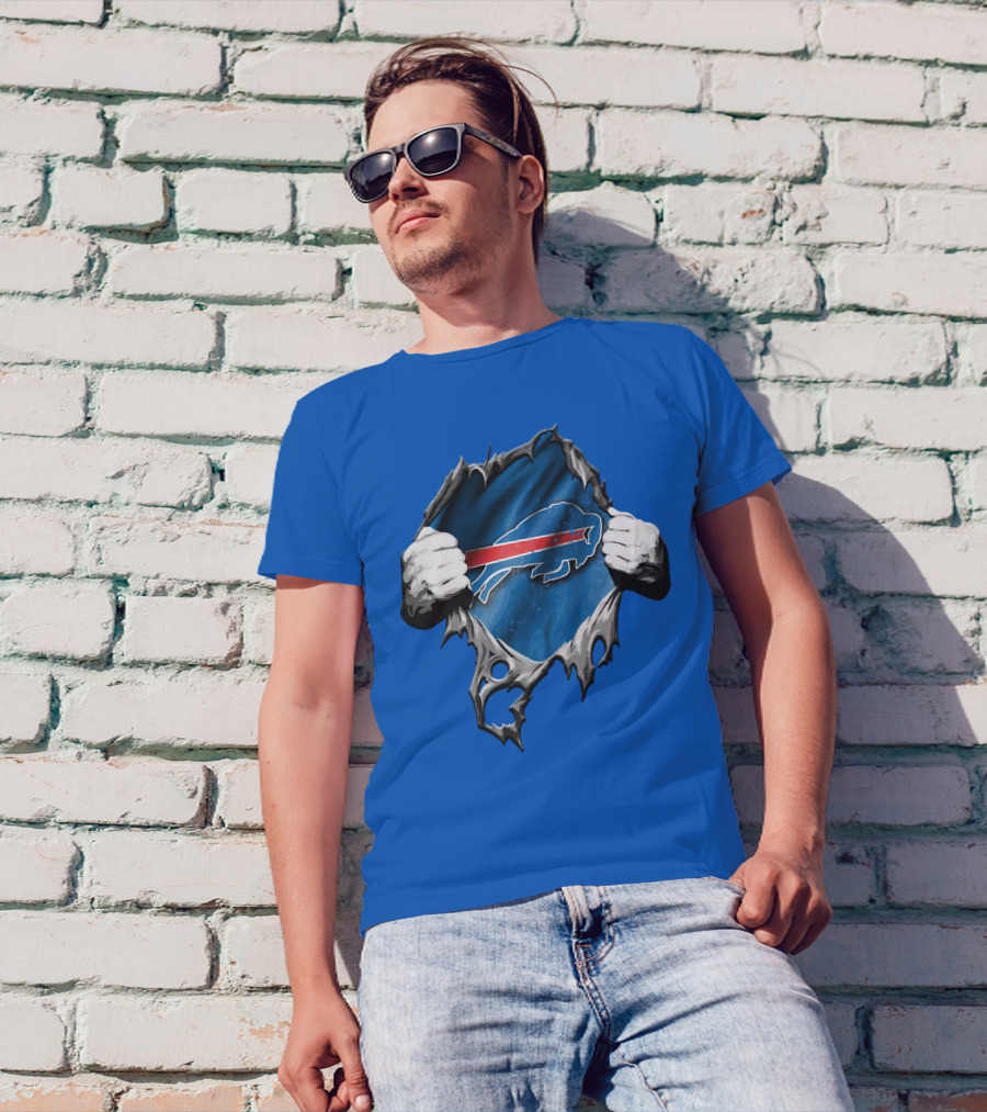 Torn Buffalo Bills Ripped Logo Hands Blue Background T-Shirt