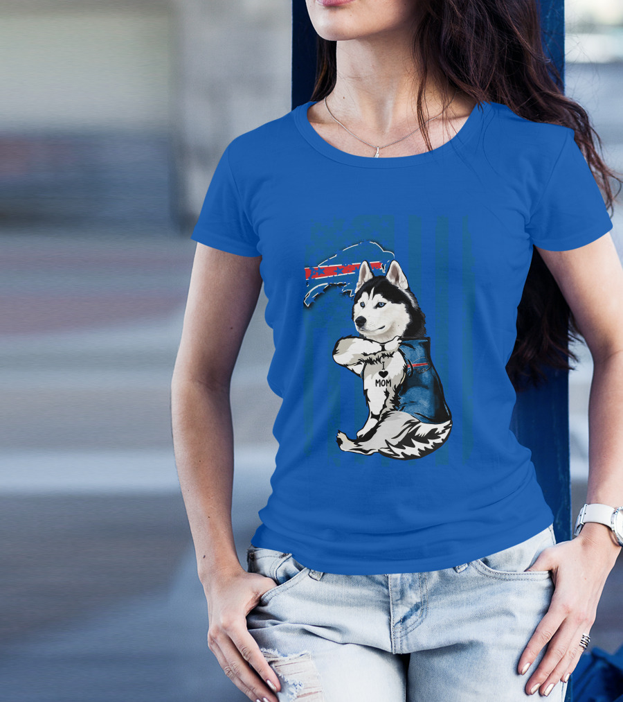 Siberian Husky Wearing Blue Buffalo Bills Vest With Heart Mom Tattoo And Flag T-Shirt