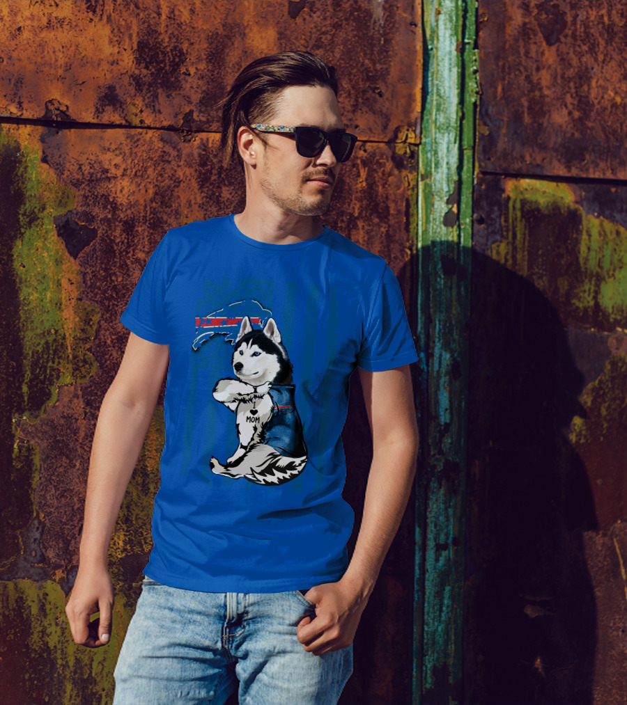 Siberian Husky Wearing Blue Buffalo Bills Vest With Heart Mom Tattoo And Flag T-Shirt
