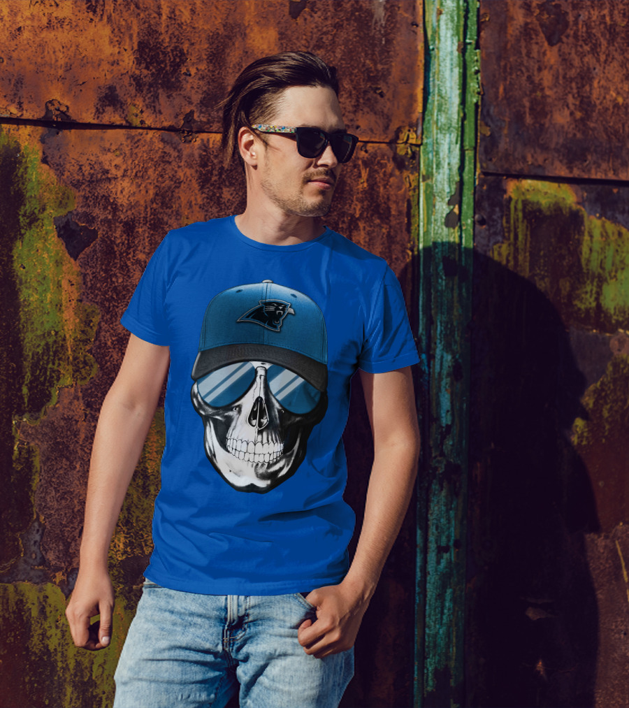 Skull Wearing Carolina Panthers Logo Hat With Reflective Sunglasses T-Shirt