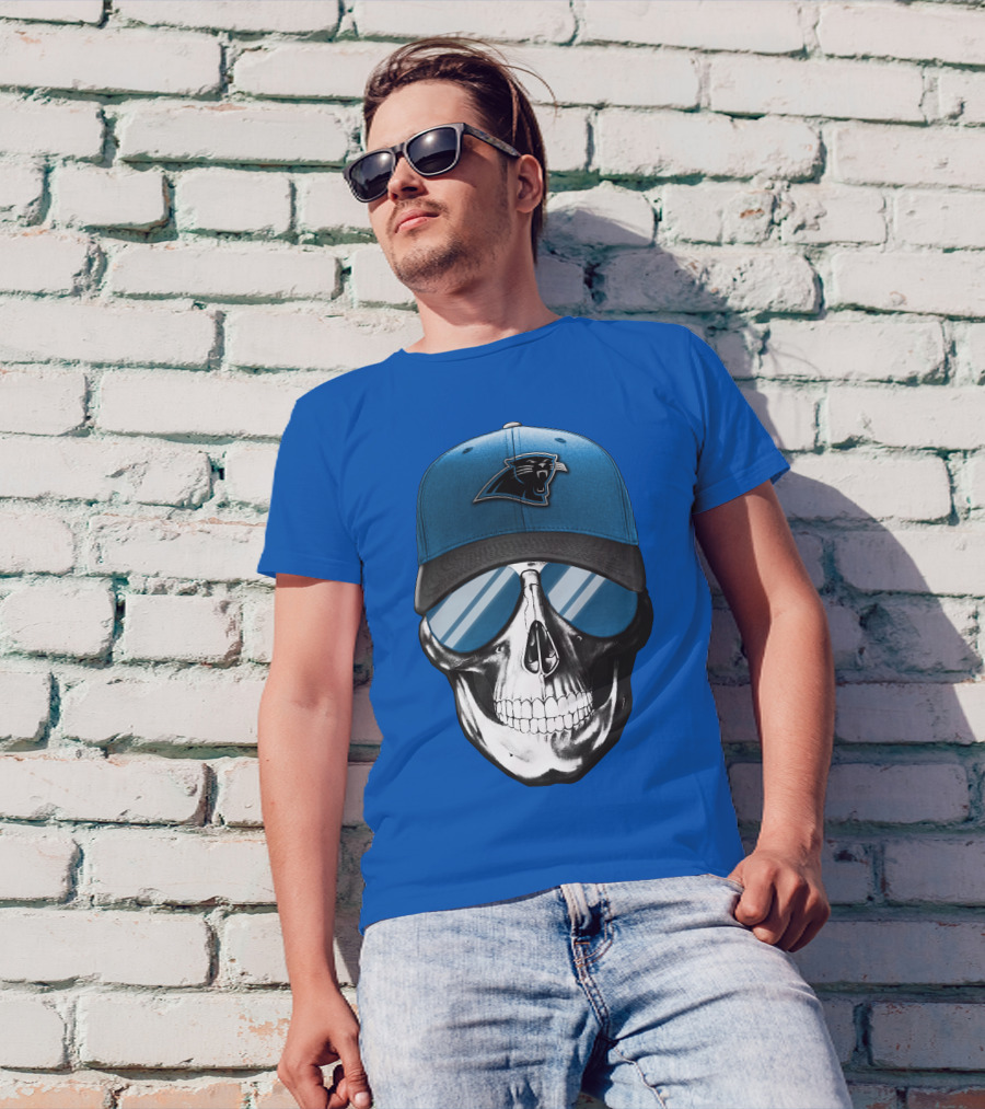 Skull Wearing Carolina Panthers Logo Hat With Reflective Sunglasses T-Shirt