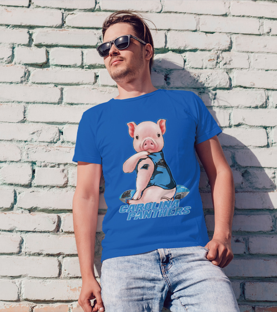 Pig Wearing Carolina Panthers Jersey With Football T-Shirt