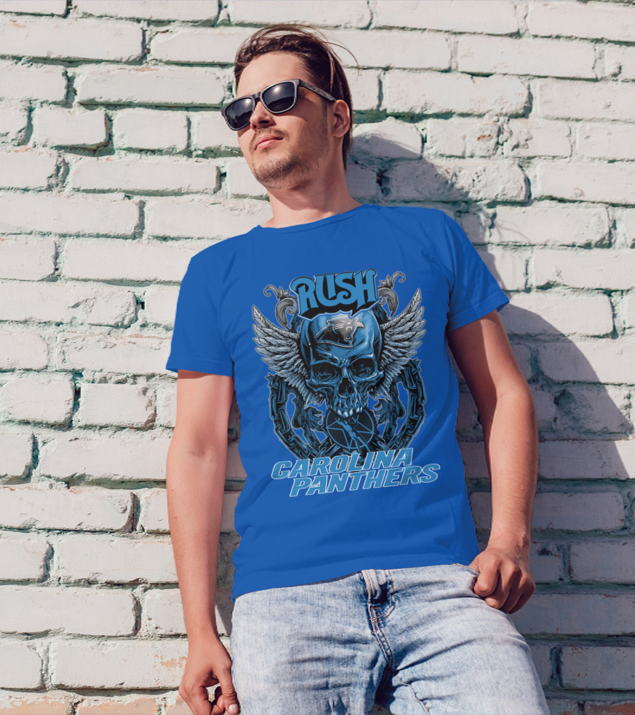 RUSH CAROLINA PANTHERS Skull Wings Helmet Chain T-Shirt