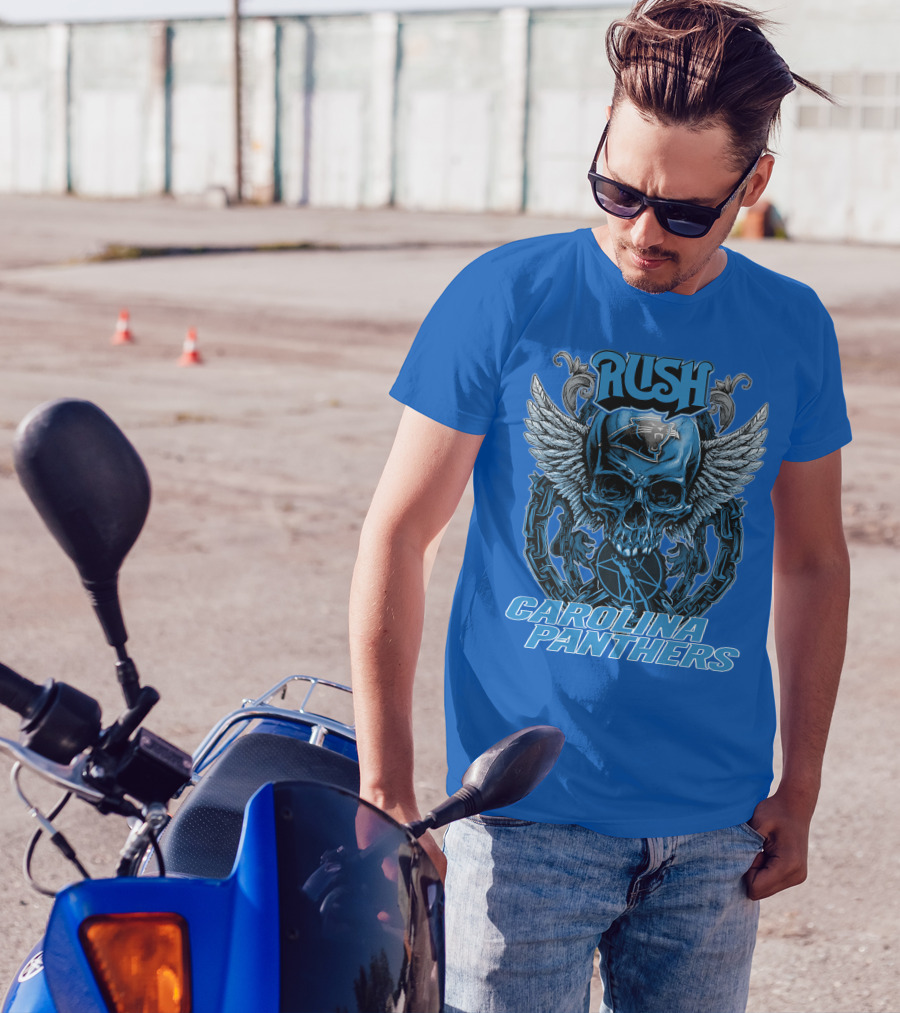 RUSH CAROLINA PANTHERS Skull Wings Helmet Chain T-Shirt