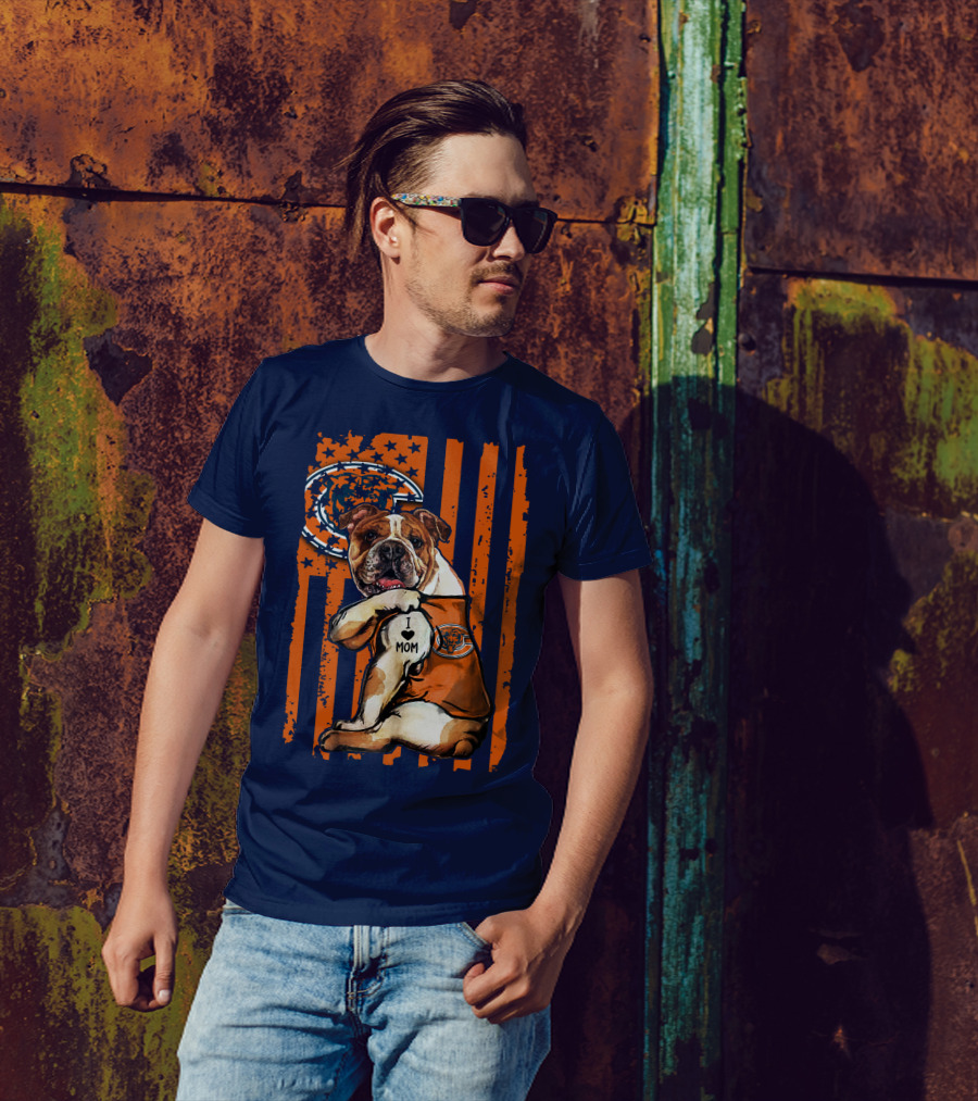 Bulldog I Love Mom Chicago Bears Orange And Blue Stripes T-Shirt