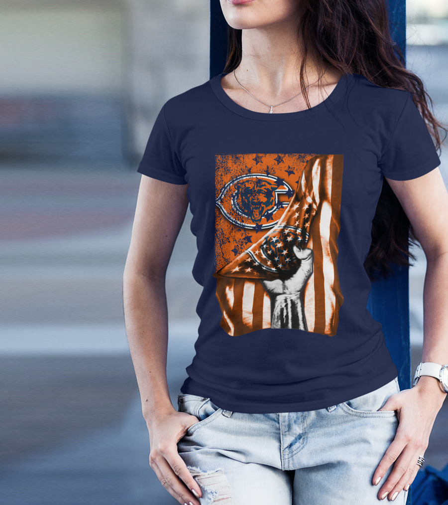 Hand Lifting American Flag Over CHICAGO BEARS T-Shirt