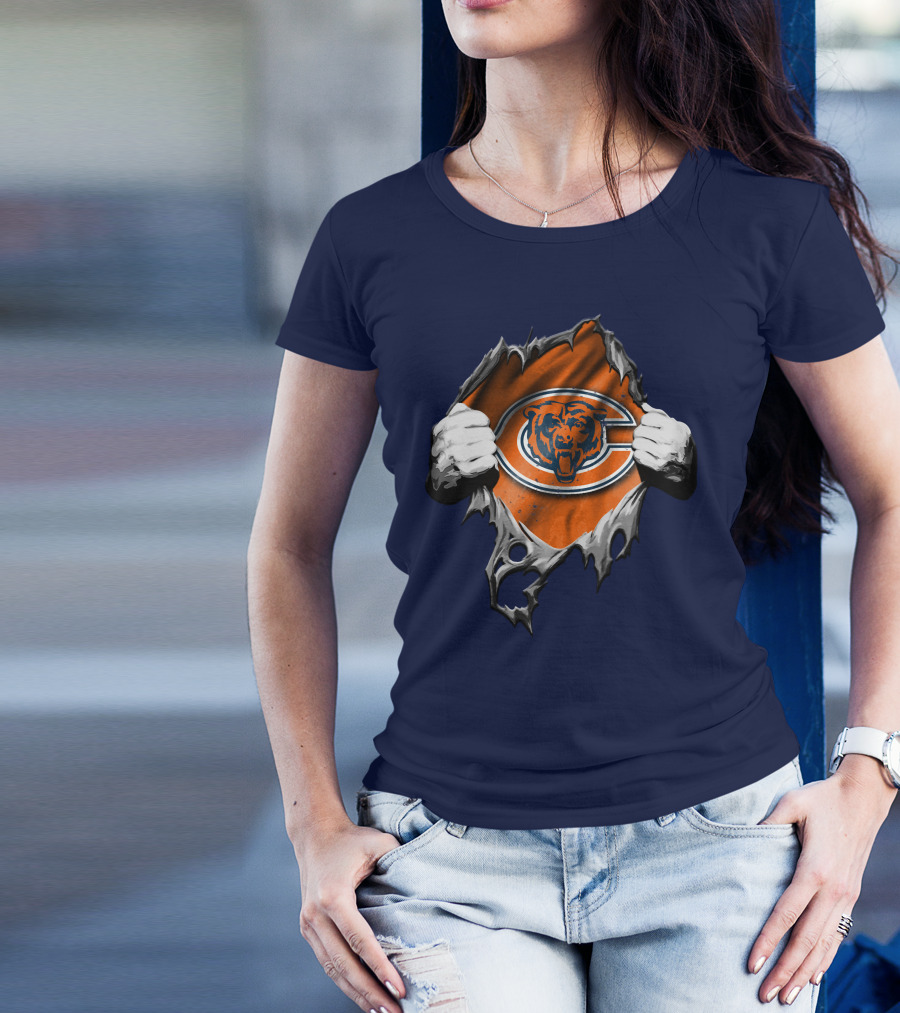 Torn Chicago Bears Emblem Revealed Through Ripped Fabric T-Shirt