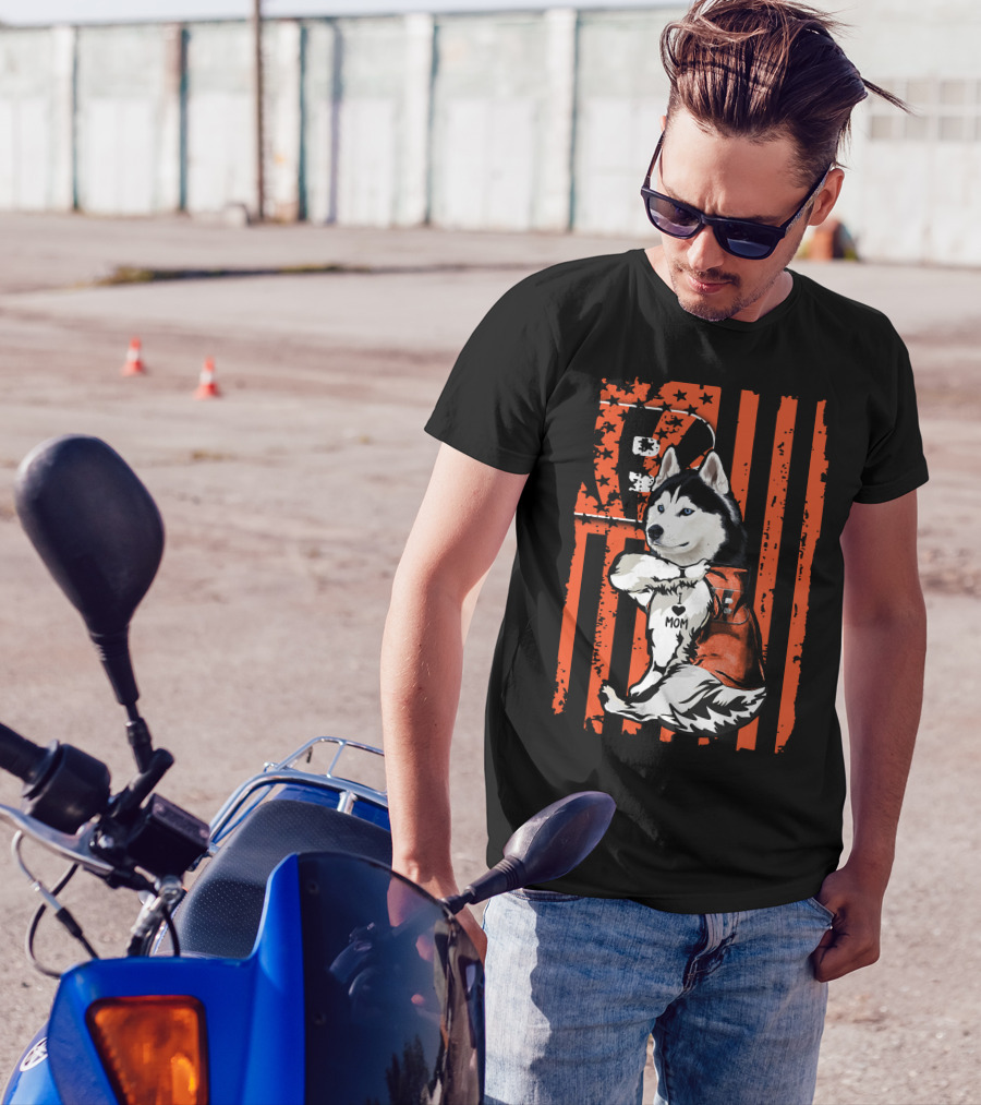 Siberian Husky In Cincinnati Bengals Jersey With I Heart Mom Tattoo On American Flag Background T-Shirt