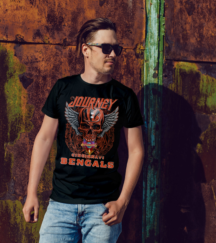 JOURNEY CINCINNATI BENGALS Skull Helmet Wings Chains Flame T-Shirt