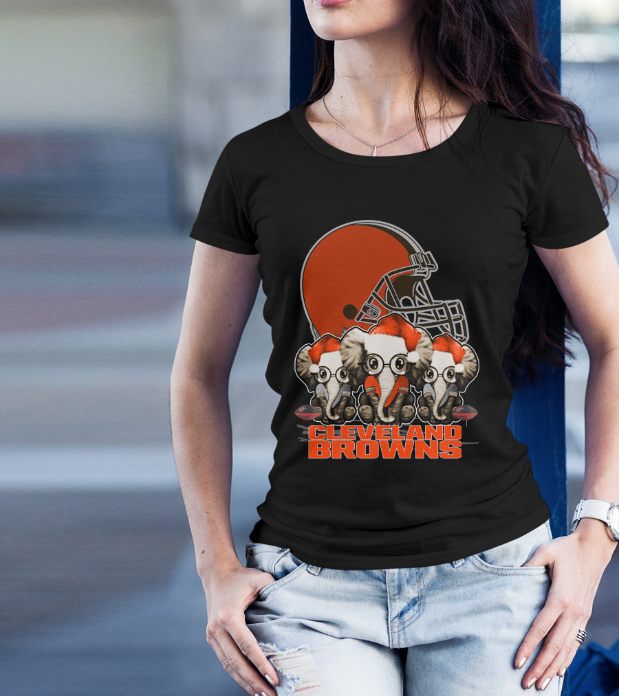 Cleveland Browns Christmas Elephants With Santa Hats T-Shirt