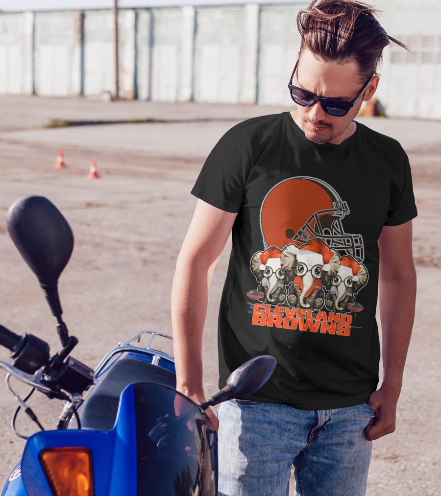 Cleveland Browns Christmas Elephants With Santa Hats T-Shirt