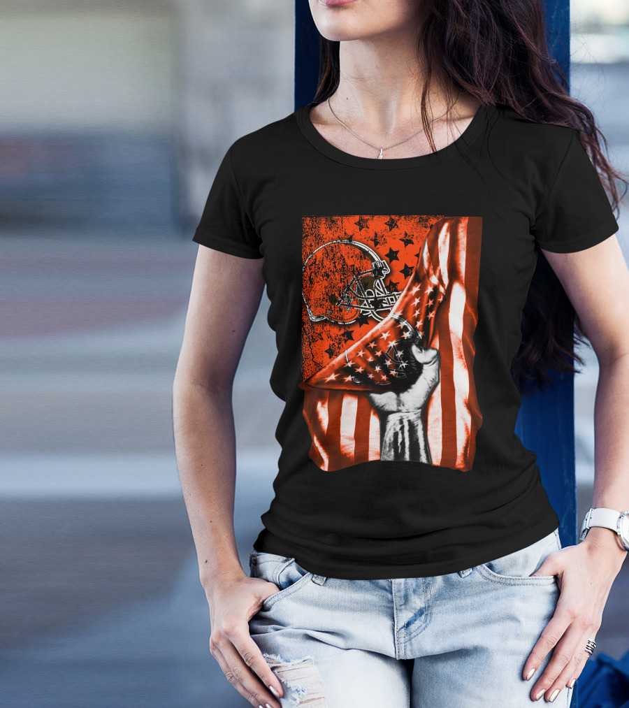 Cleveland Browns Football Helmet American Flag Fist T-Shirt