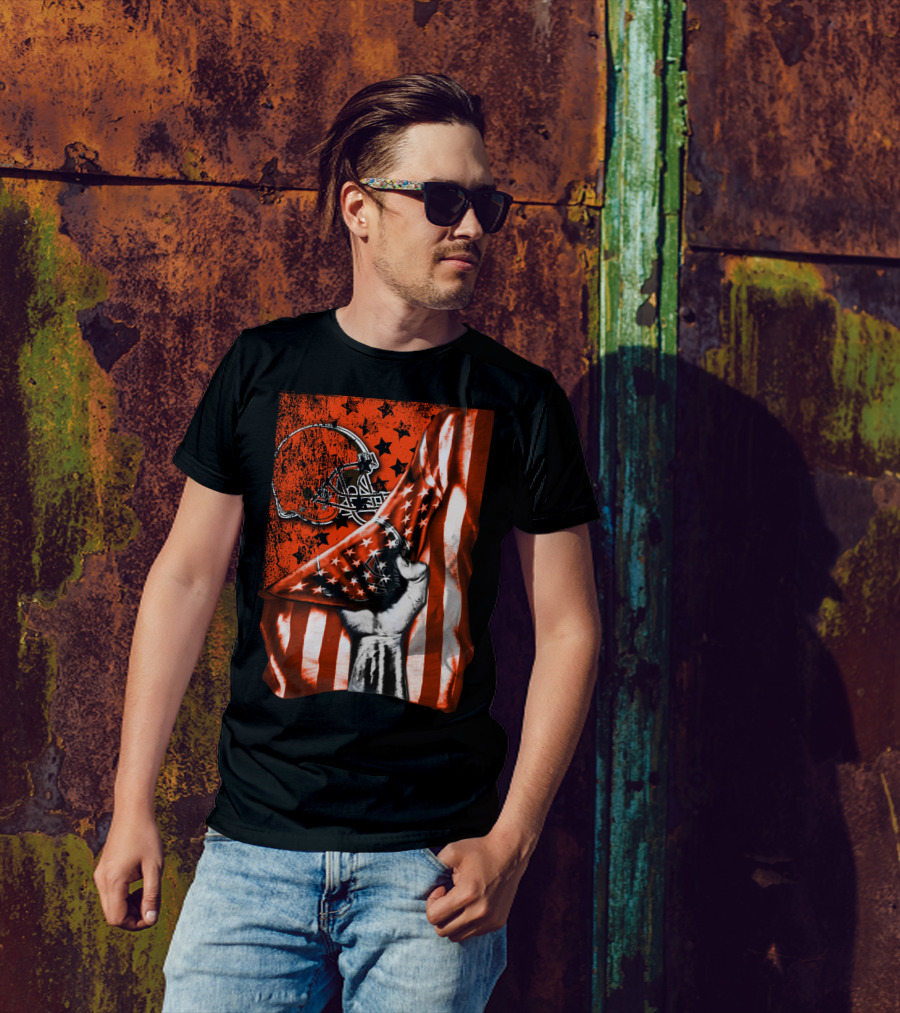 Cleveland Browns Football Helmet American Flag Fist T-Shirt