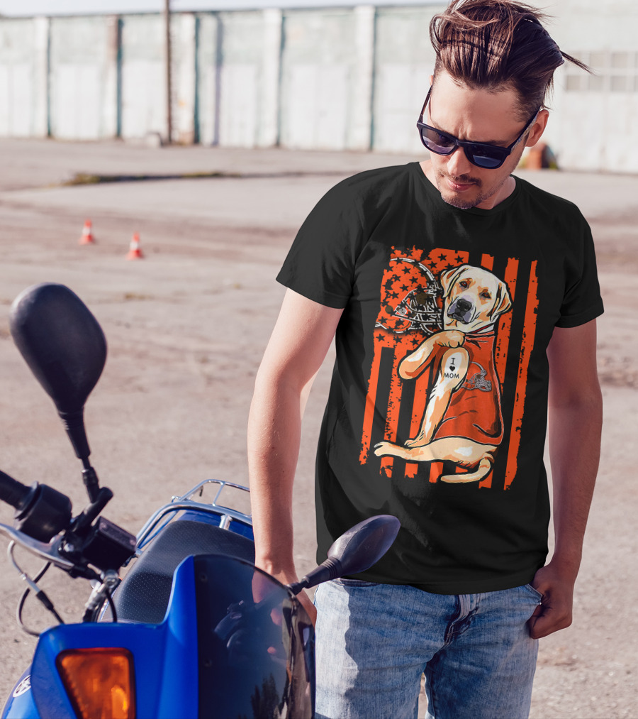 Labrador Retriever In Cleveland Browns Colors With Football Helmet And I Love Mom Tattoo T-Shirt