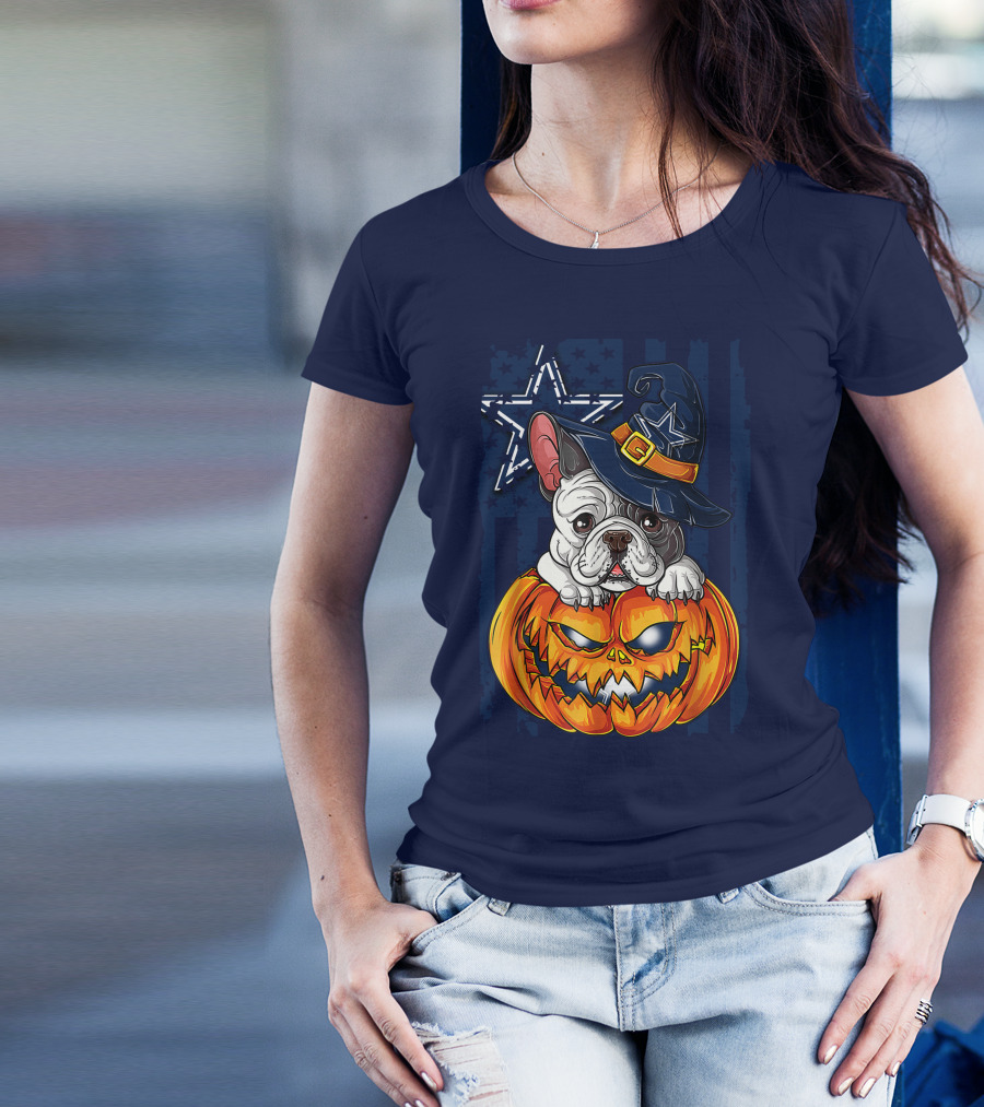 Hlw Bulldog Halloween Dallas Cowboys Pumpkin Wizard Hat T-Shirt