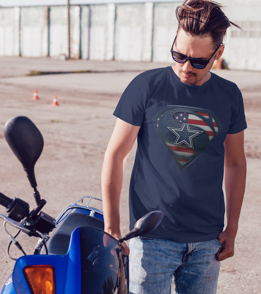 Spm DALLAS COWBOYS Superman Shield American Flag Star T-Shirt