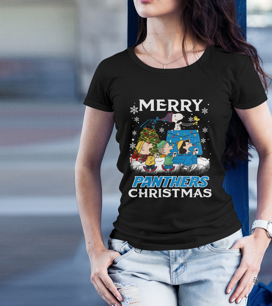 Merry Panthers Christmas Snoopy And Friends Holiday Scene T-Shirt